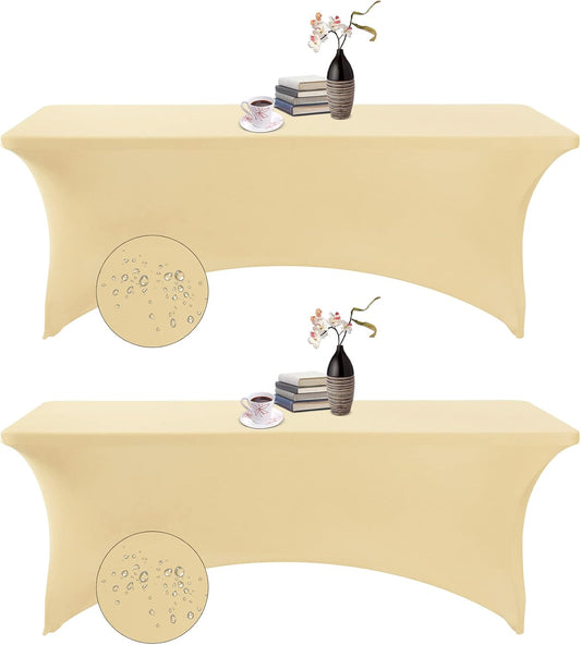 2Pack Spandex Waterproof Table Covers 8ft，Spandex 8ft Waterproof Table Cover for Party,Wedding, Banquet, and Events(Champagne)