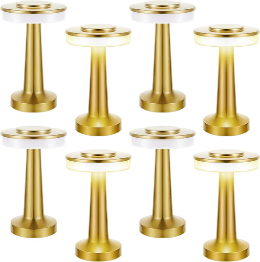 VIHOSE Set of 8 LED Portable Cordless Table Lamp with Touch Sensor 3 Color Stepless Dimming Rechargeable Battery up to 15 Hours Cordless Table Light Wireless Lamp for Nursery(Gold)
