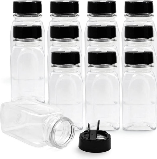 RoyalHouse 6 Pack 9.5 Oz Plastic Spice Jars with Black Cap, Clear and Safe Plastic Bottle Containers with Shaker Lids for Storing Spice, Herbs and Seasoning Powders, BPA Free, Made in USA