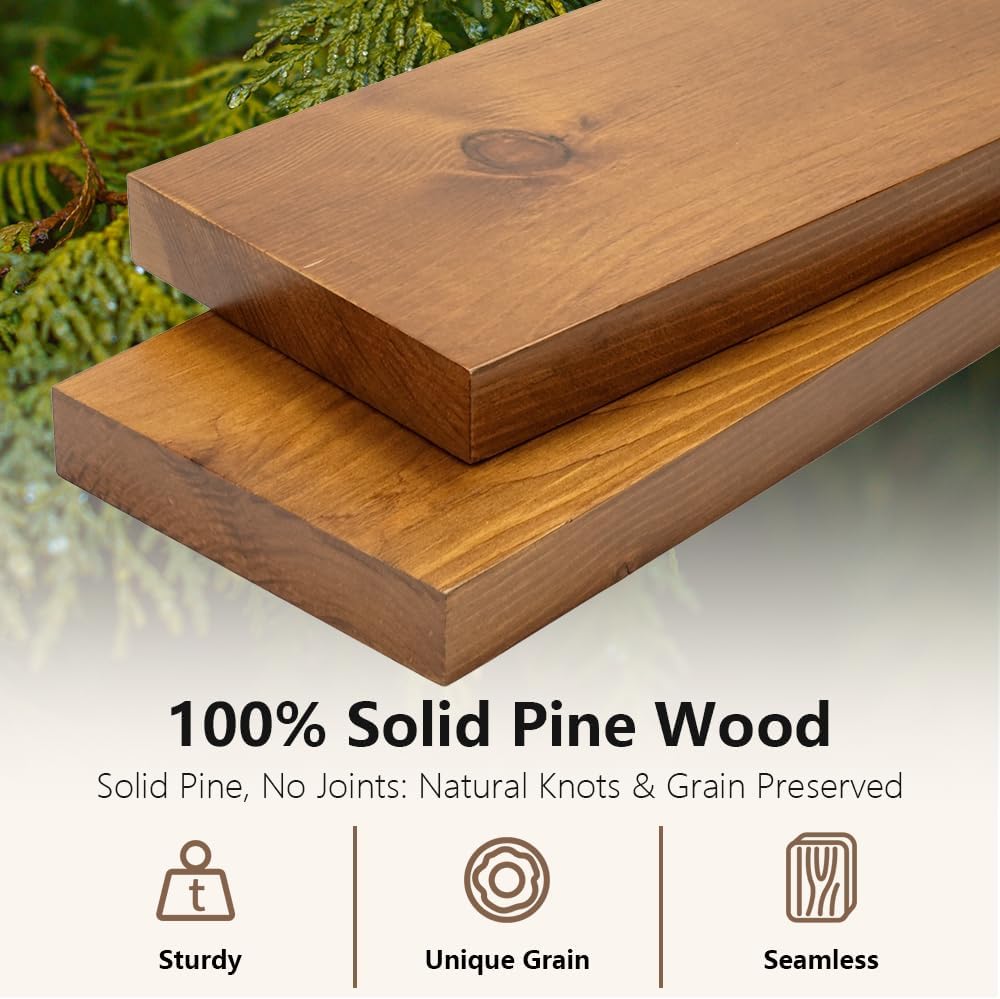 Habudda Floating Shelves, Wall Shelf for Bathroom Bedroom Kitchen, Natural Pine Real Wooden Shelves, Wall Mounted, 100% Pine, Set of 2, 30 Inches Long, Honey Oak