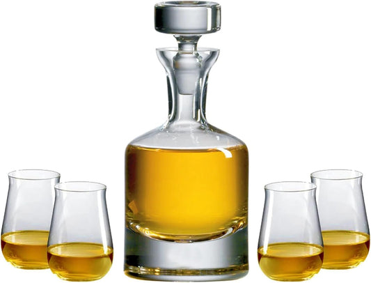 Ravenscroft Crystal | European-Made, Hand-Blown Scotch Decanter Gift Set | 1 Decanter with Stopper & 4 Glasses | 100% Lead-Free Crystal | Gift-Boxed