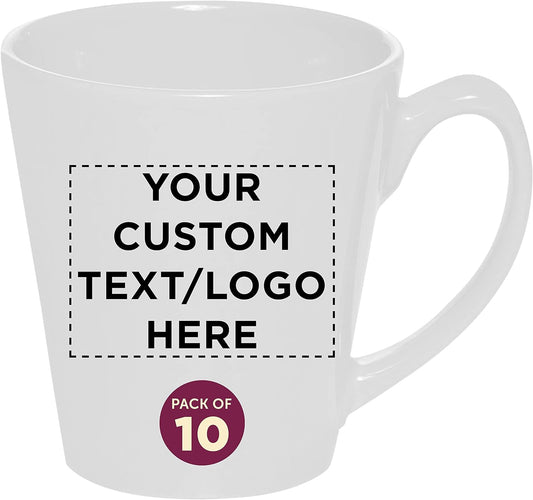DISCOUNT PROMOS Custom Glossy Ceramic Latte Coffee Mug 12 oz. Set of 10, Personalized Bulk Pack - Perfect for Tea, Espresso, Cappuccino, Hot Cocoa - White