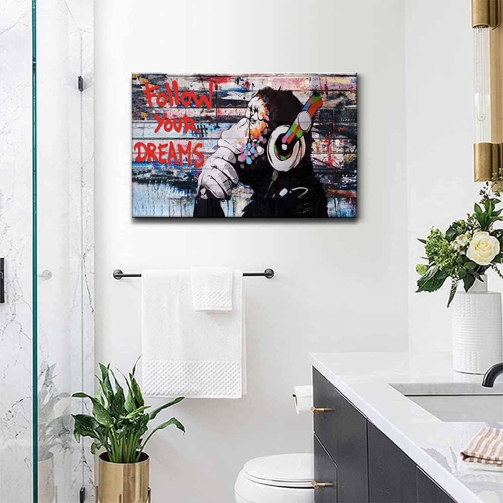 Framed Banksy Graffiti Canvas Wall Art Follow Your Dreams Monkey Poster With Headphones Prints Street Painting Picture Man Cave Wall Decor Pop Art for Living Room Ready To Hang 16"Wx 24"H (40x60cm)