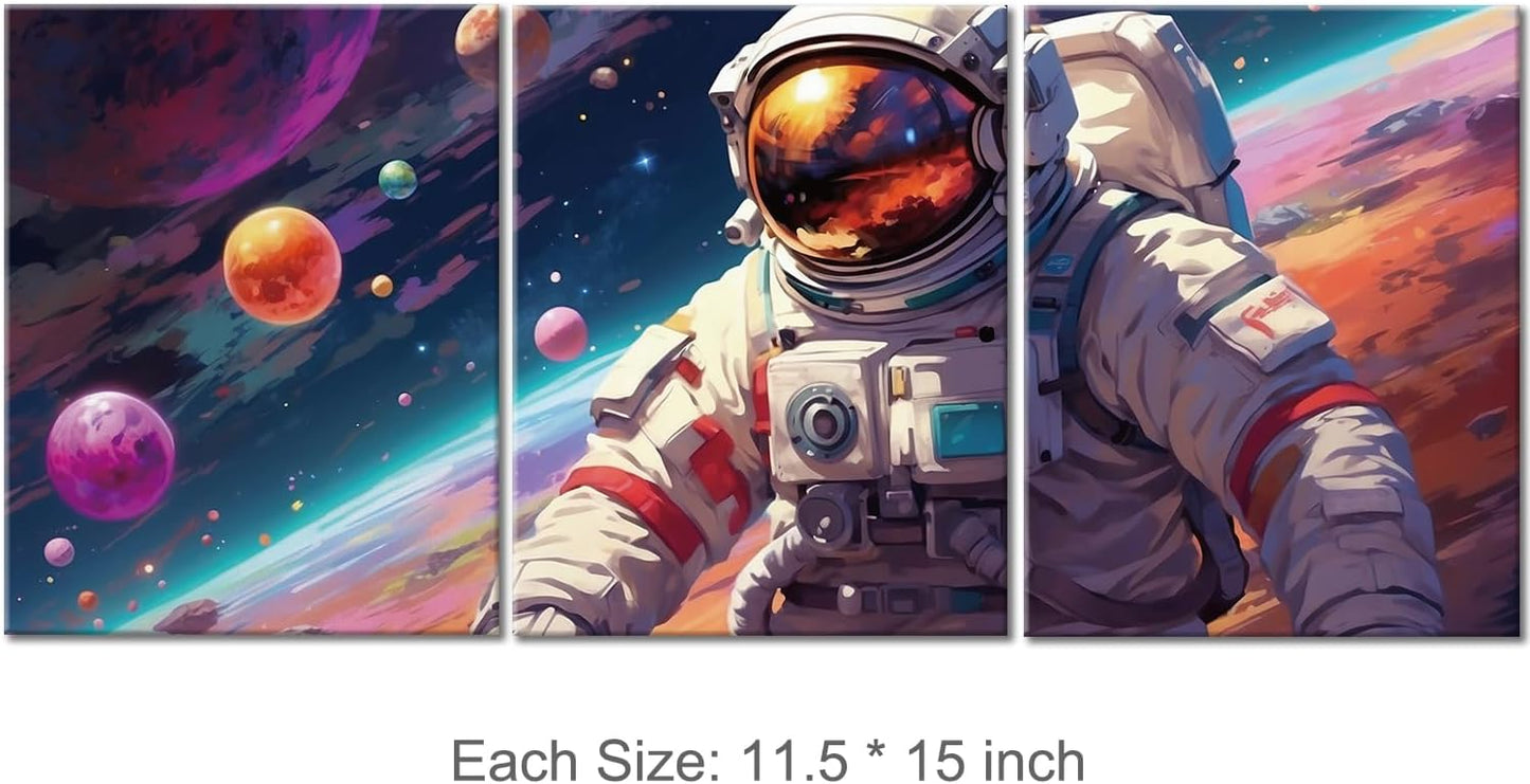 Outer Space Art Wall Decor Astronaut Spaceman Planets Prints Posters Framed Artwork Space Room Boys Bedroom Playroom Kids Room Space Decorations, 3 Panels