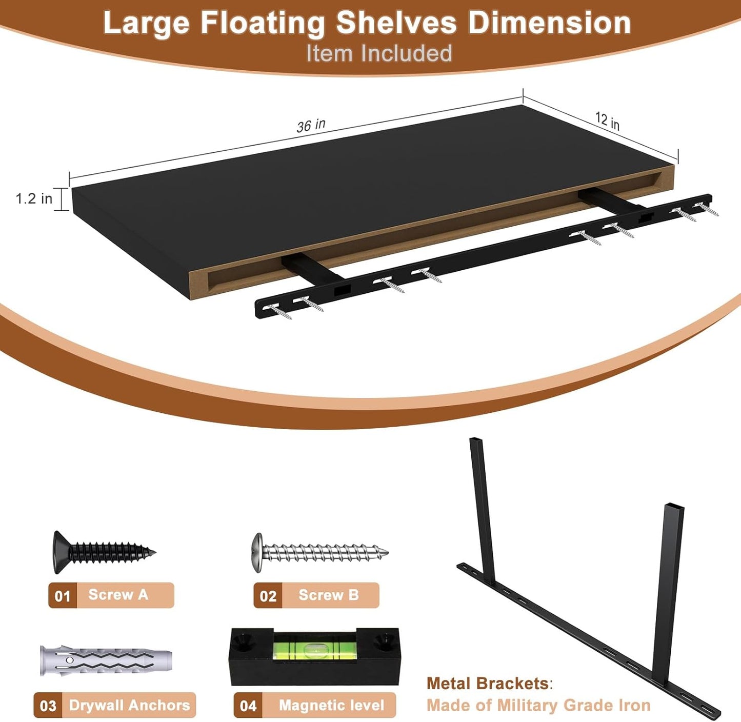 12 Inch Deep Floating Shelves for Wall 2 Pack Floating Shelves Large Storage Space Wall Mount Shelf for Living Room Kitchen Bathroom 36" W x 12" D x 1.2" H Black