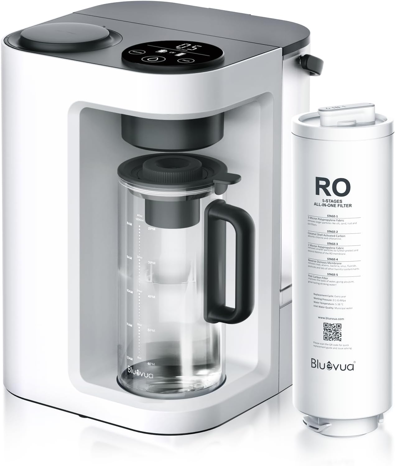 Bluevua RO100ROPOT-Lite(UV) Reverse Osmosis System Countertop Water Filter, 7-Stage Purification with UV and Remineralization, TDS & Filter Life Monitoring, Portable Water Purifier, White