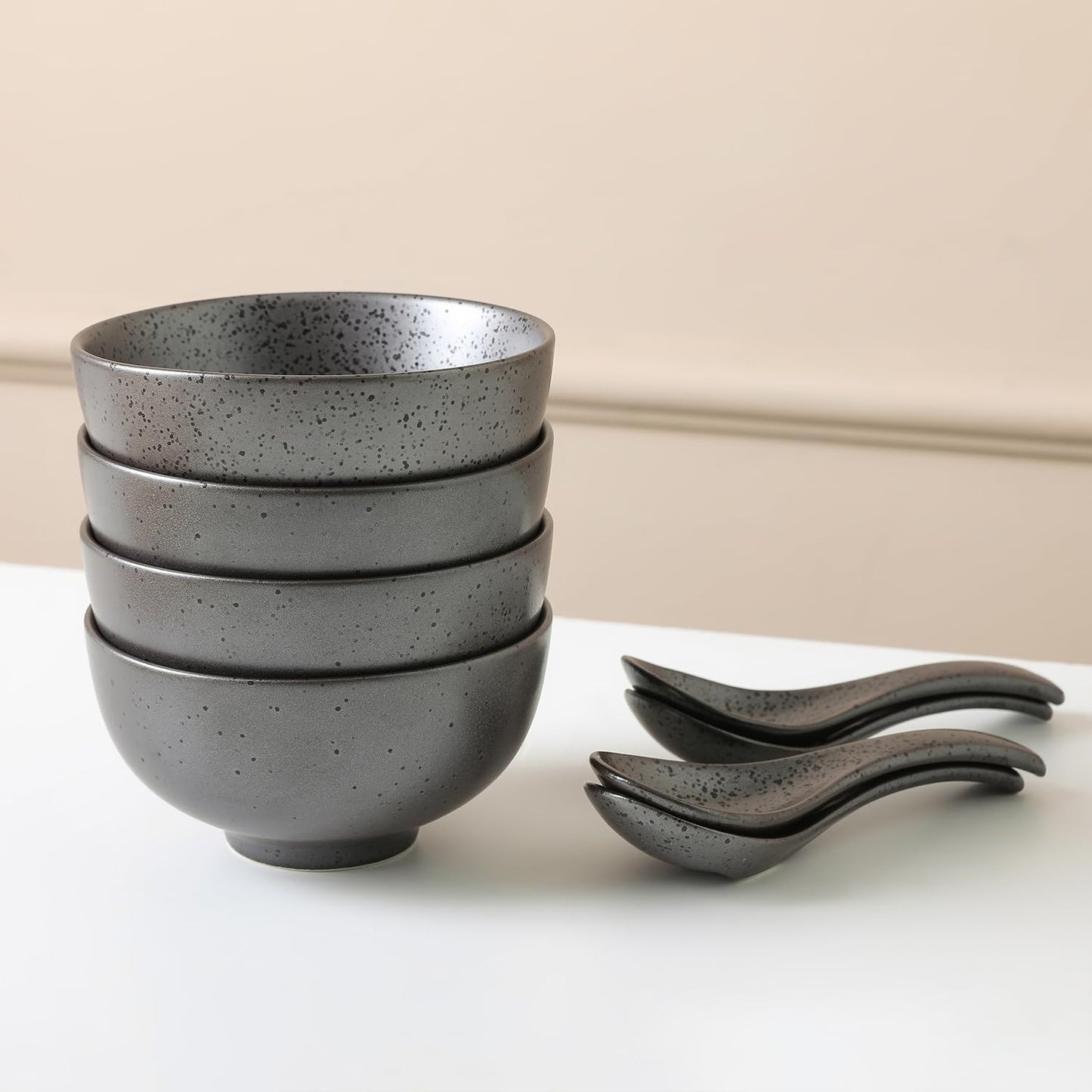 Stone lain Valencia Porcelain 8-Piece Round Bowl and Spoon Serving Set, Metallic Grey