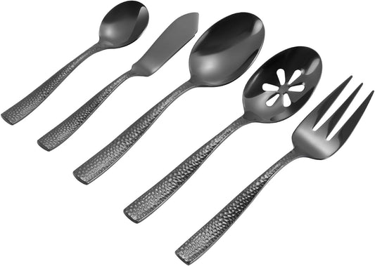 Stainless Steel Silverware Serving Set Hammered Black Mirror Finished 5 Piece Serving Utensil Set Flatware Set