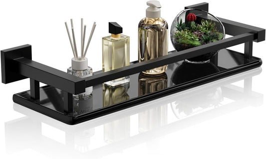 Alise Bathroom Glass Shelf with Stainless Steel Railing, Matte Black Small Tempered Glass Floating Wall Shelf Over The Toilet, 16 inch