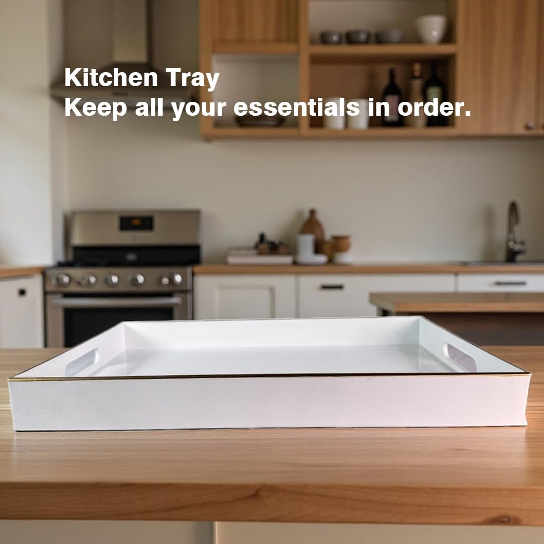 Large White Rectangular Decorative Tray – Plastic Serving Tray with Handles for Coffee Table, Ottoman, Living Room, 15.7” x 11.8” x 1.6