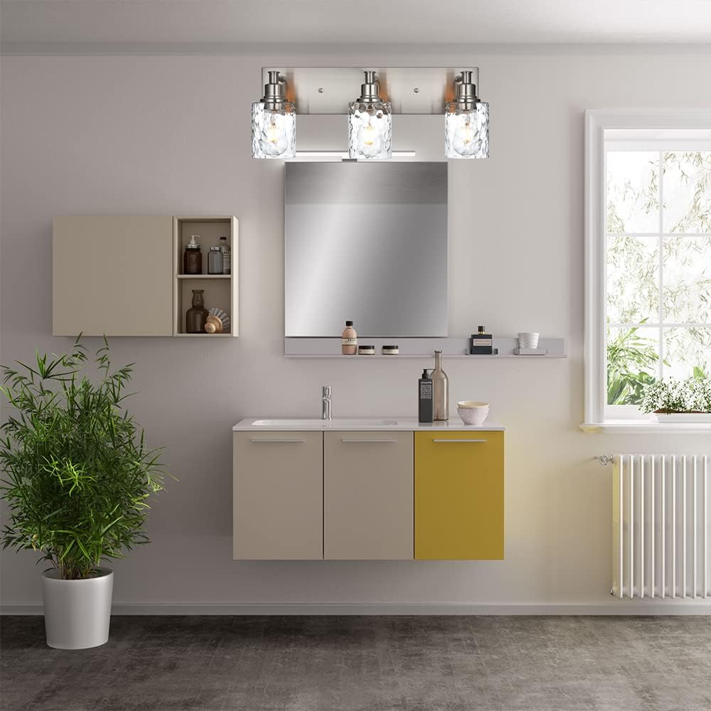 BONLICHT Bathroom Vanity Light Fixtures 3 Lights Modern Wall Sconce Brushed Nickel with Metal Base and Hammered Glass Shade, Industrial Farmhouse Bath Wall Lights for Hallway Kitchen Bedroom