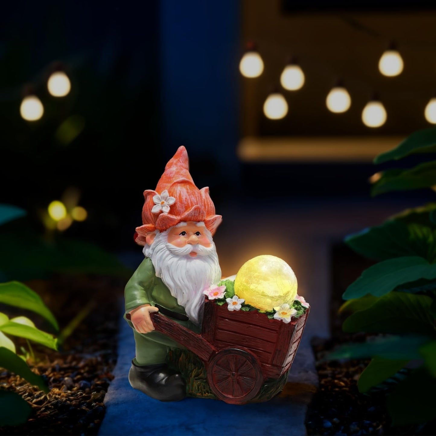 Solar Garden Gnome Statue with Crackle Glass Globe Lights, Waterproof Outdoor Decor for Patio, Lawn, or Yard, Whimsical Housewarming Gift(Green Gnomes)