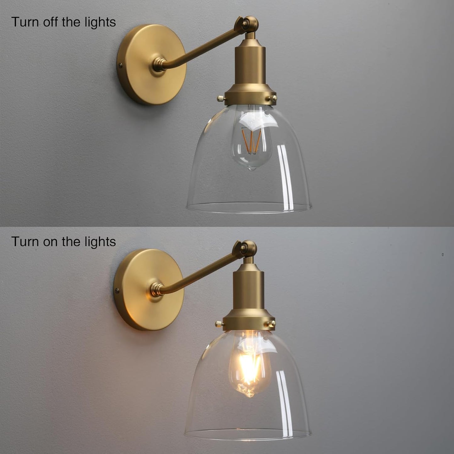 PERMO Industrial Vintage Slope Pole Wall Mount Single Sconce with 6.7" Oval Dome Clear Glass Shade Wall Sconce Light Fixture (Antique Gold)