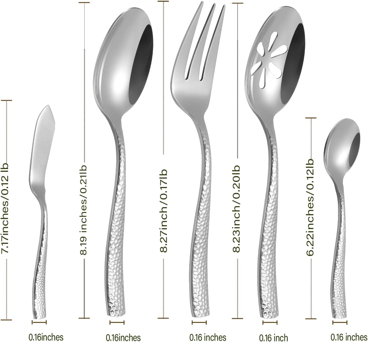 Stainless Steel Silverware Serving Set Hammered Silver Mirror Finished 5 Piece Serving Utensil Set Flatware Set