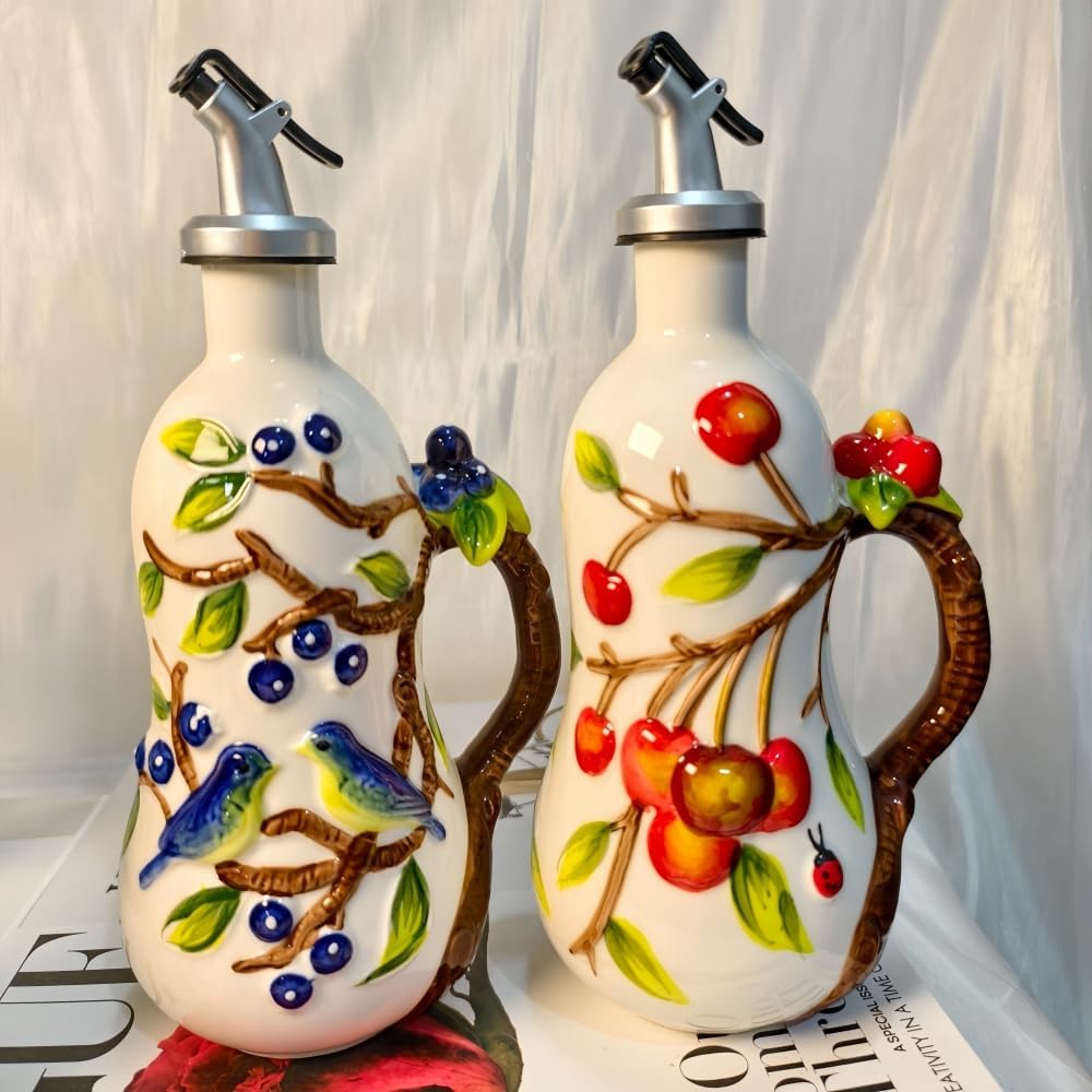 18.26oz/540ml Ceramics Olive Oil Dispenser Bottle,Hand Painted Reliefs Oil Dispenser for Kitchen,Oil Bottles for Kitchen (Blueberry)