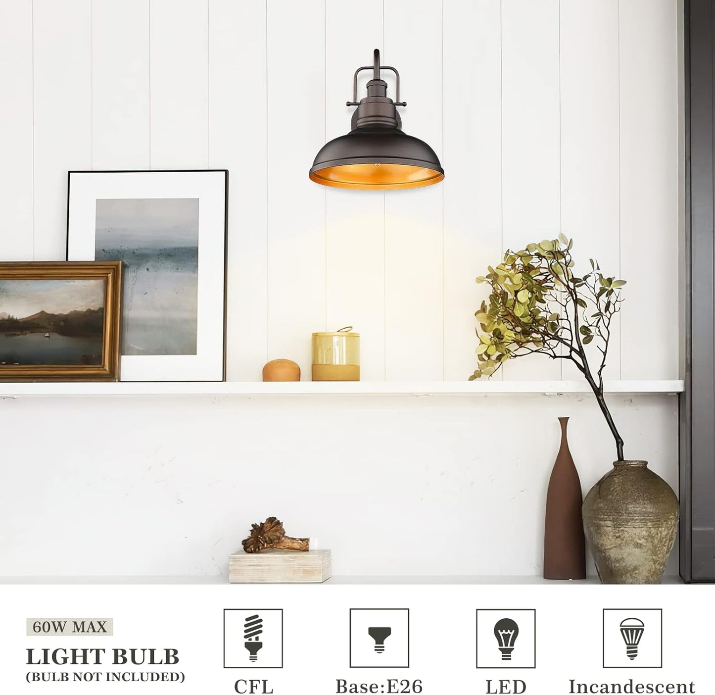 zeyu Gooseneck Wall Lights 2 Pack, 11 Inch Farmhouse Barn Light Fixtures Indoor and Outdoor, Metal Dome Shade in Oil Rubbed Bronze Finish, 016-1B-2PK ORB