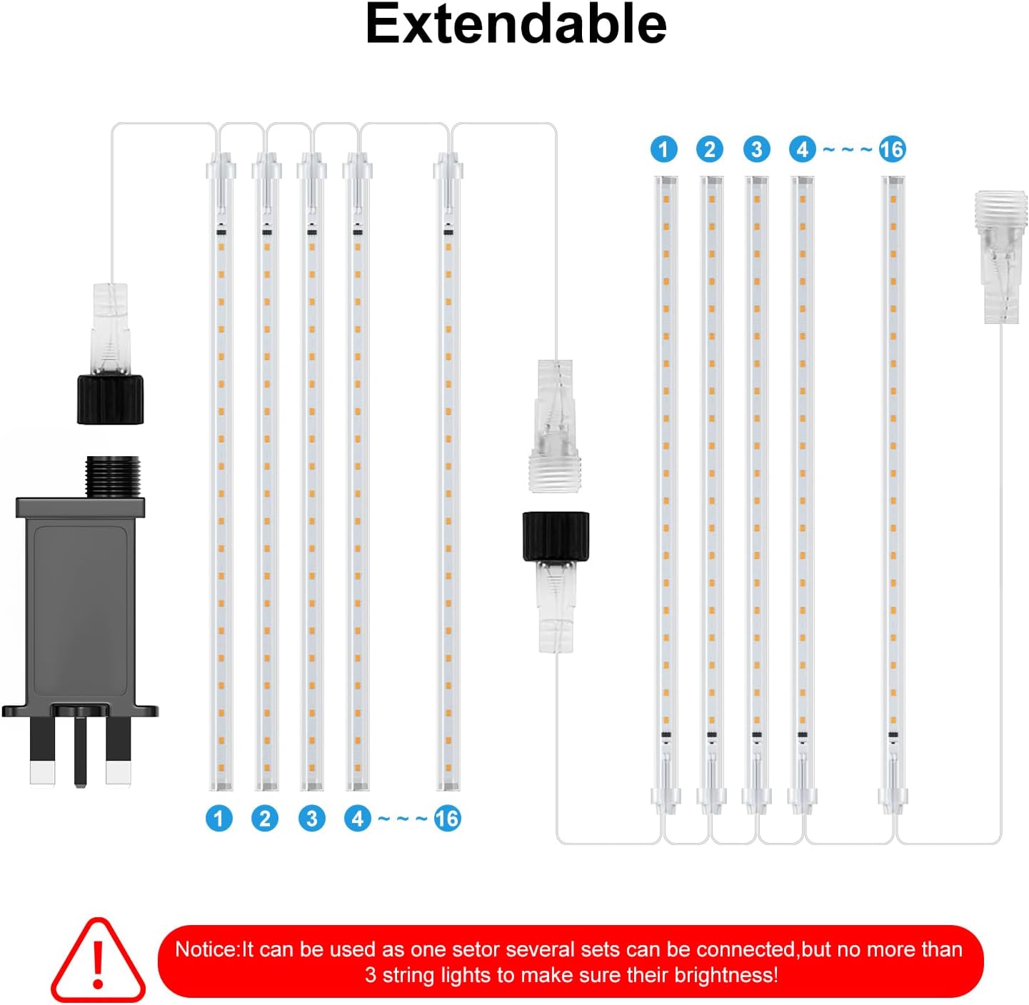 PEMOTech Christmas Lights Outdoor, 16 Tubes 40cm 576 Led Meteor Shower Lights, Waterproof Christmas Decorations Icicle Light for Xmas Tree Halloween Party, Ul Plug,Warm White
