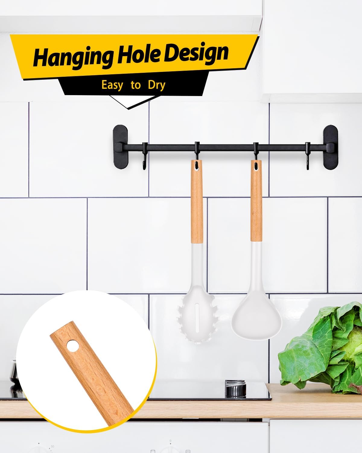 Silicone Pasta Fork and Ladle Spoon Set with Wooden Handle, Heat Resistant Non Stick Kitchen Utensils for Cooking, Stirring, Serving Spaghetti, Soup, Sauce(WHITE)