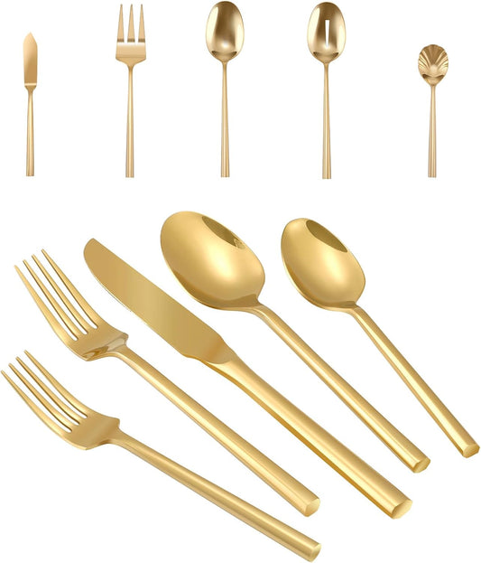 Silverware 45-Piece Gold Flatware Set with Serving Utensils Stainless Steel Thick Heavy Mirror Polished Cutlery Set for Wedding Hotel Restaurant, Service for 8
