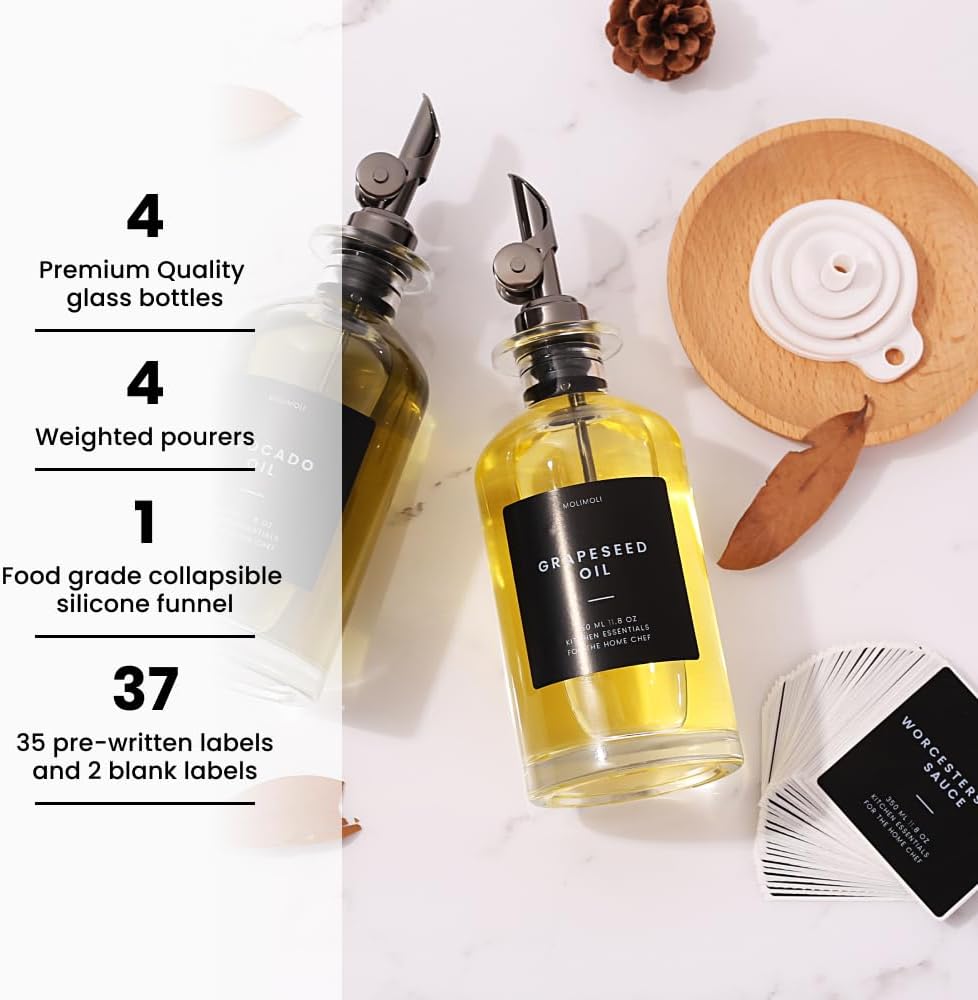 Molimoli Olive Oil Dispenser Bottle for Kitchen With Weighted Pourer - Glass Cruet Set of 4 | 350ml