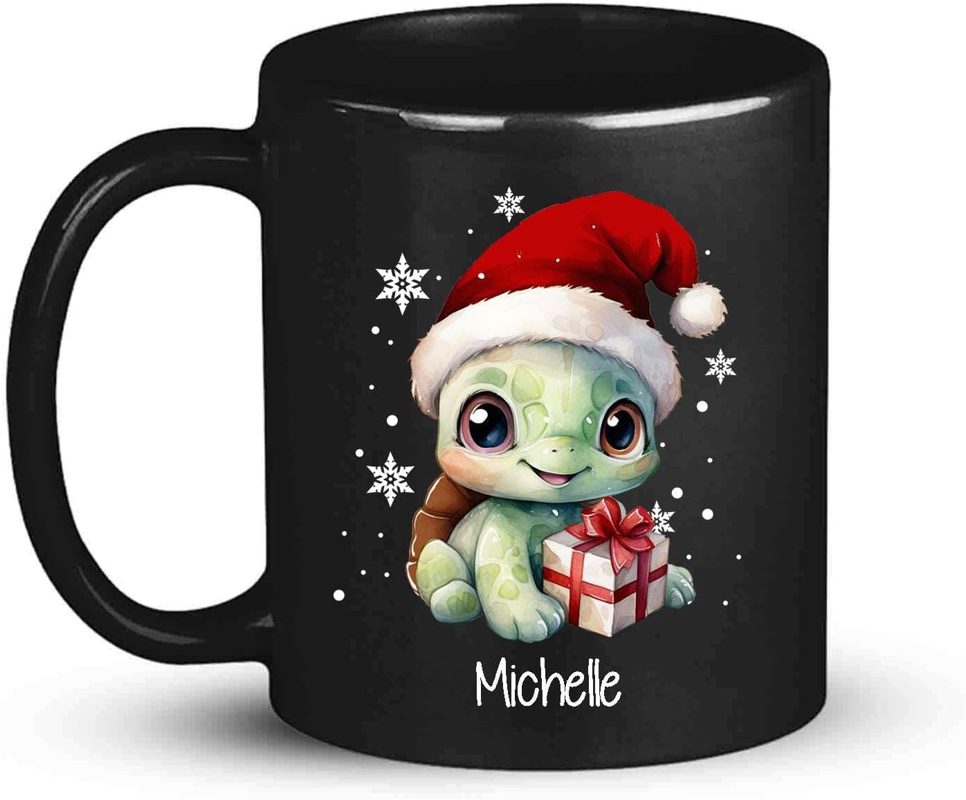 Coffee Mug With Xmas Turtle Design, Personalized Turtle Wearing Santa Hat Cup, Cute Baby Animal Black Mug 11oz 15oz, Custom Christmas Ceramic Cup, Customized Christmas Animal Mug Gift