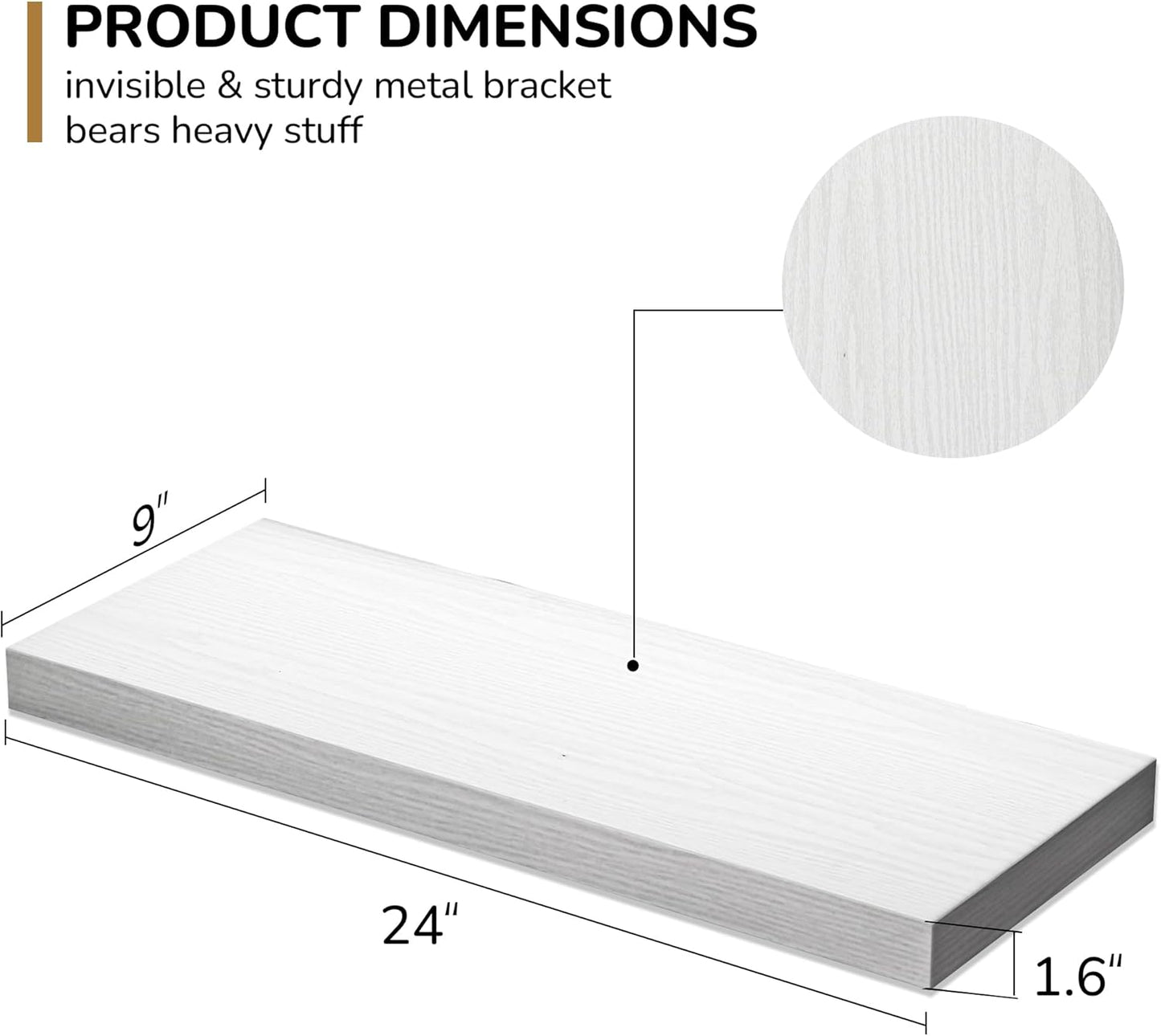 Floating Shelves - 24 Inch Rustic Wooden Wall Shelves - Extra Deeper & Thicker Wall Mounted Storage Shelf for Living Room, Kitchen, Farmhouse - 24" W x 9" D x 1.6" H - Rustic White, 2 Pack
