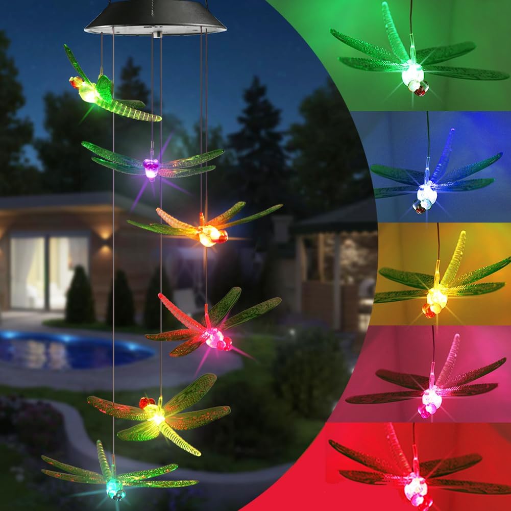 Toodour Solar Wind Chimes Outdoor, Color Changing Solar Lights Dragonfly, Gifts for Mom Grandma, Waterproof Decorative Mobile Light, Gardening Gift for Garden,Patio, Window, Yard, Outdoor Decor