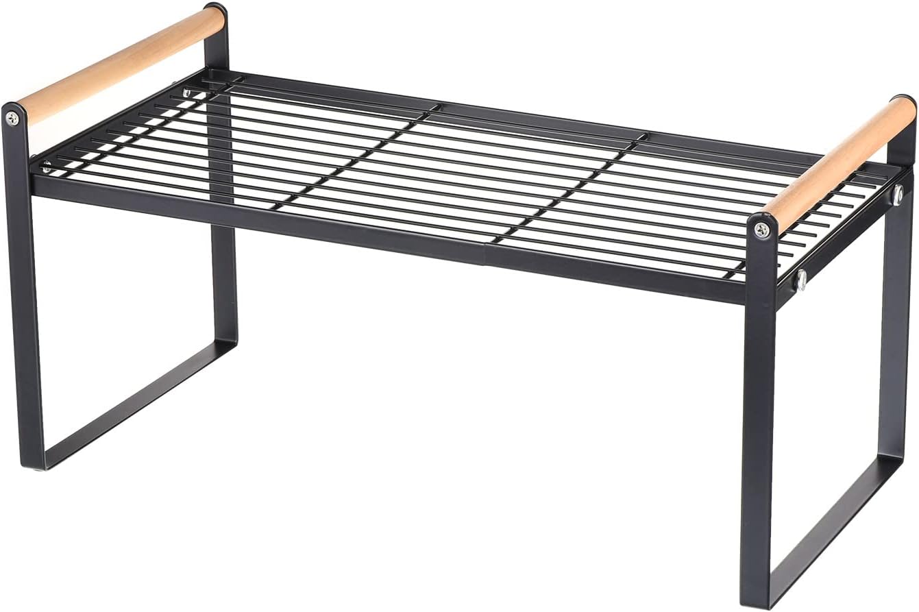 PATIKIL Kitchen Cabinet Shelf Organizer, Wood Counter Shelf Stackable Storage Shelf For Cupboard, Pantry, Corner, Under Sink - Black