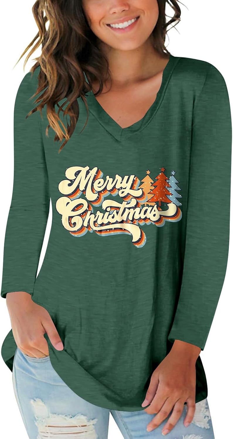 Tobrief Women's Long Sleeve V-Neck Shirts Fall Graphic Tees Loose Casual T-Shirt