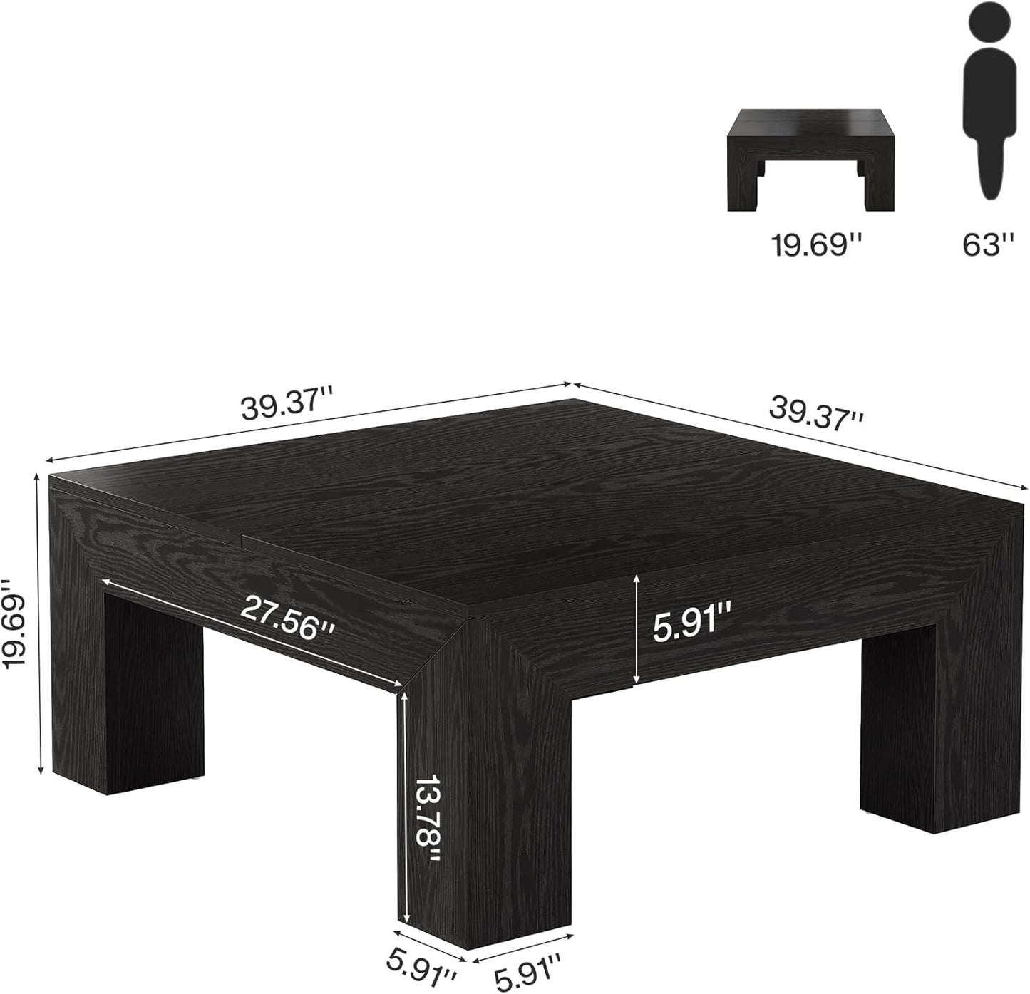 Tribesigns 39.4-Inch Square Coffee Table for Living Room, Farmhouse All MDF Accent Center Cocktail Table with Sturdy Wooden Legs, Easy Assembly, Black