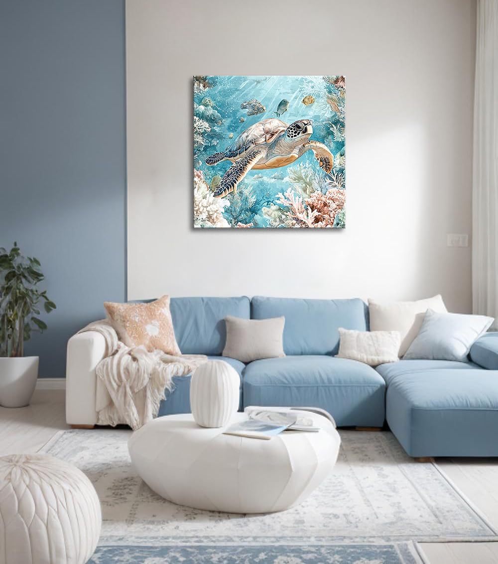 Sea Turtle Bathroom Wall Decor Ocean Theme Framed Canvas Wall Art Coastal Nautical Prints Picture Watercolor Coral Marine Life Painting for Kid Bedroom Living Room Home Decoration 14x14”