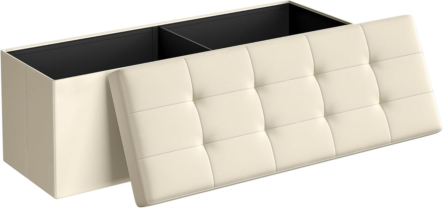 SONGMICS MAZIE Collection - 43 Inches Folding Storage Ottoman Bench, Ottoman Foot Rest, End of Bed Bench, Storage Chest, Load 660 lb, for Living Room, Bedroom, Entryway, Cream White ULSF77BE