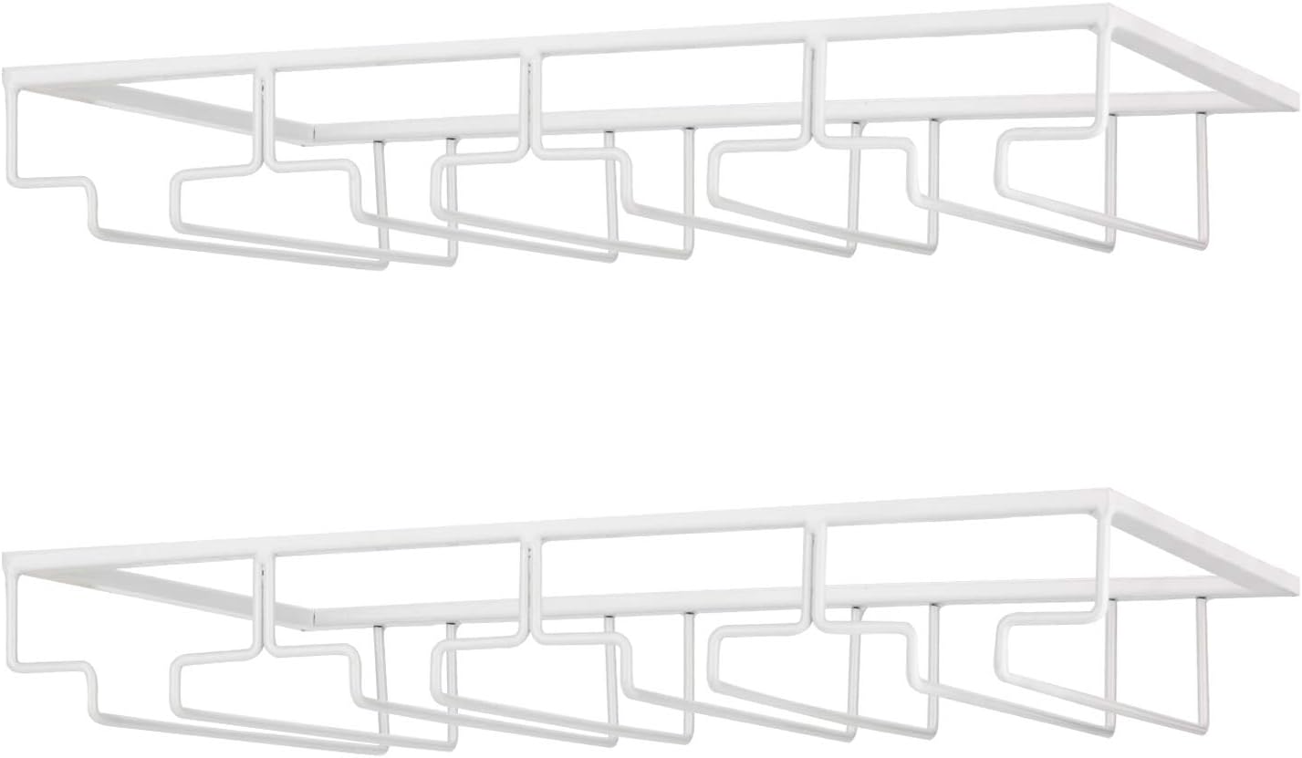 Wine Glass Rack - Under Cabinet Stemware Wine Glass Holder Glasses Storage Hanger 2 Pack Metal Organizer for Bar Kitchen 4 Rows White