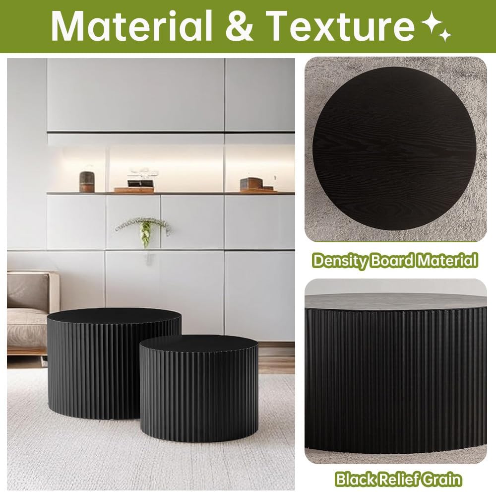 Round Nesting Coffee Table Set of 2 Small Round Coffee Tables for Living Room Modern Fluted Coffee Table Circular End Table Side Table for Small Spaces No Assembly (Black A, 18 in)