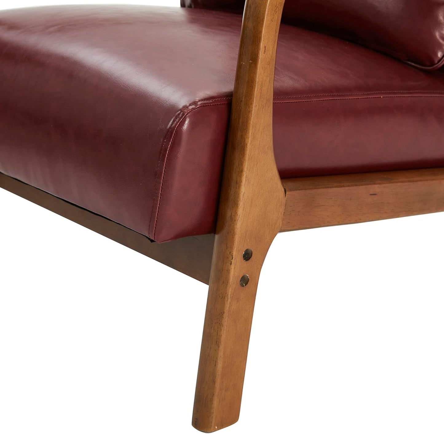 Glitzhome 30.75" H Mid Century Red Accent Armchair, Single Reading Armchair PU Leather Lounge Chair with Walnut Ruberwood Frame