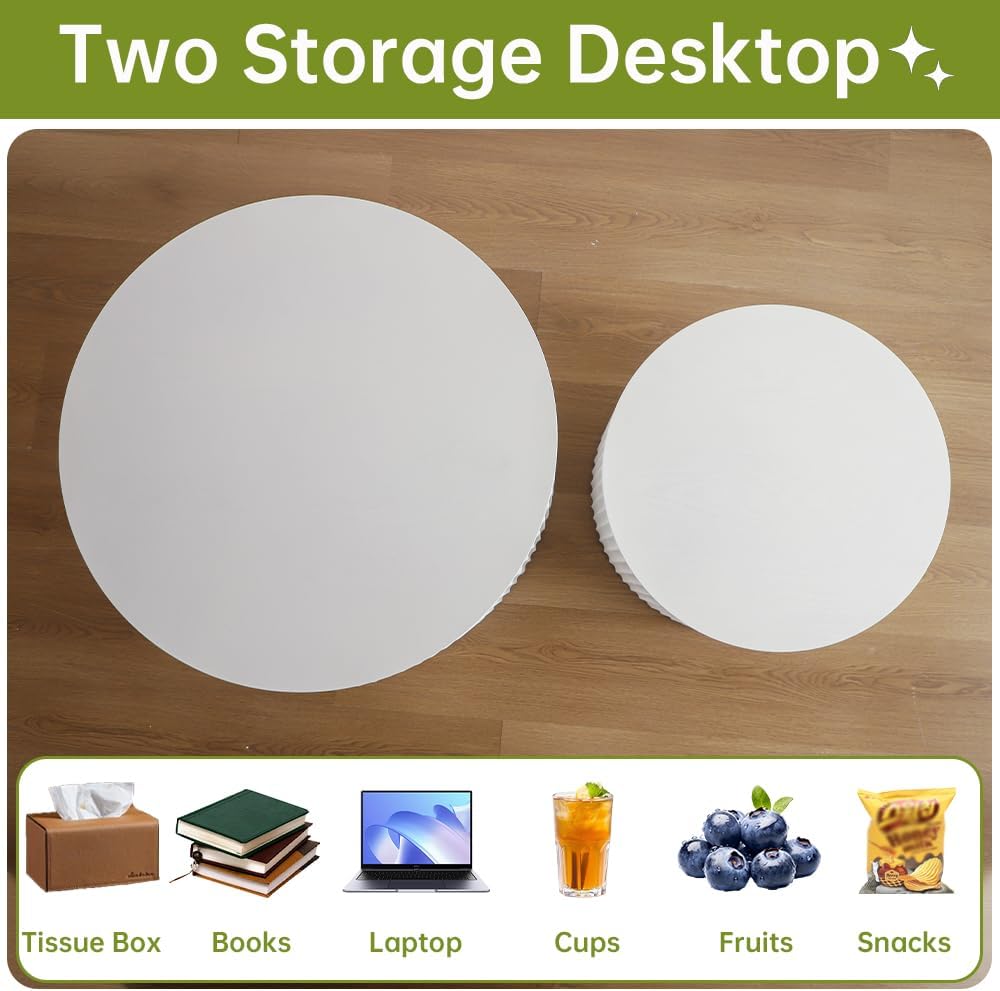 Round Nesting Coffee Table Set of 2 Small Round Coffee Tables for Living Room Modern Fluted Coffee Table Circular End Table Side Table for Small Spaces No Assembly (White B, 27 in)