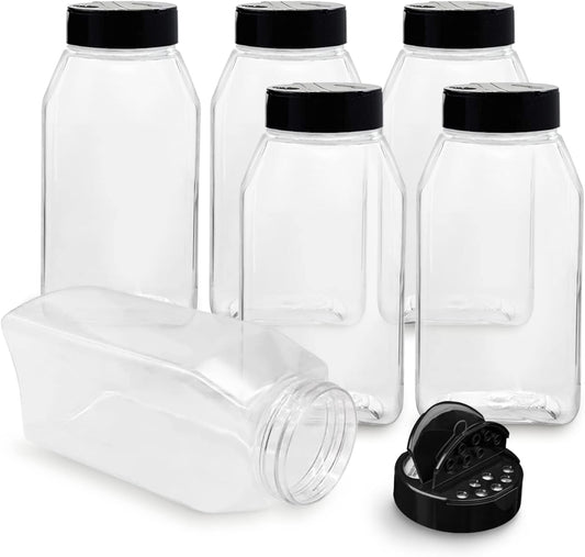 ROYALHOUSE 6 PACK 32 Oz with Black Cap, Plastic Spice Jars Bottles Containers, Perfect for Storing Spice, Herbs and Powders, Lined Cap, Safe Plastic, PET, BPA free, Made in the USA