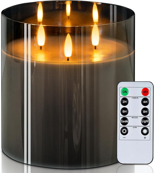 Homemory 6X6'' Extra Large Flameless Candle with 3 Wicks, Glass LED Pillar Candle, Real Wax Battery Operated Candle with Remote Control and Timer, Grey