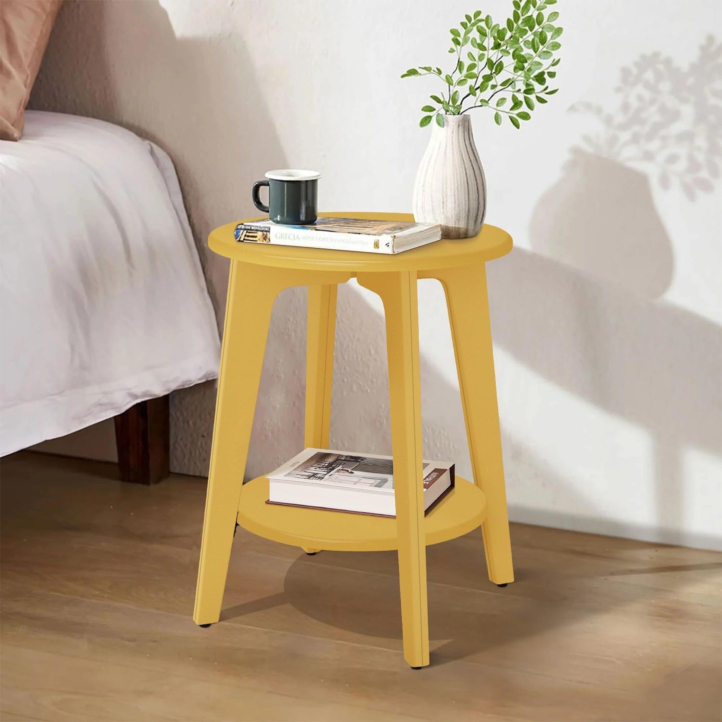 Round Side Table Gold Wooden End Table with Lower Shelf Rustic Vintage Nightstand Beside Table for Living Room Bedroom Small Spaces