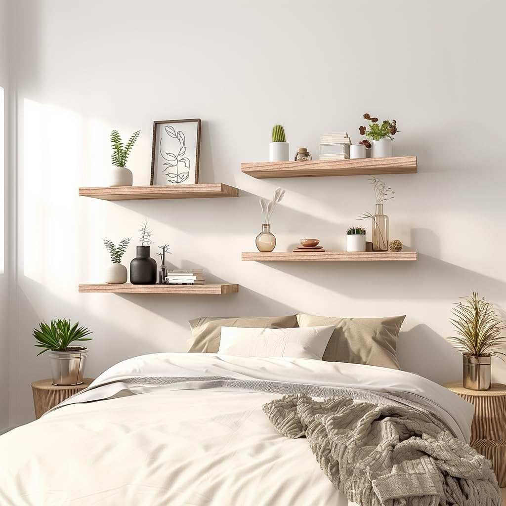Light Wood Floating Shelves for Wall Rustic Wall Shelves for Bedroom Set of 6