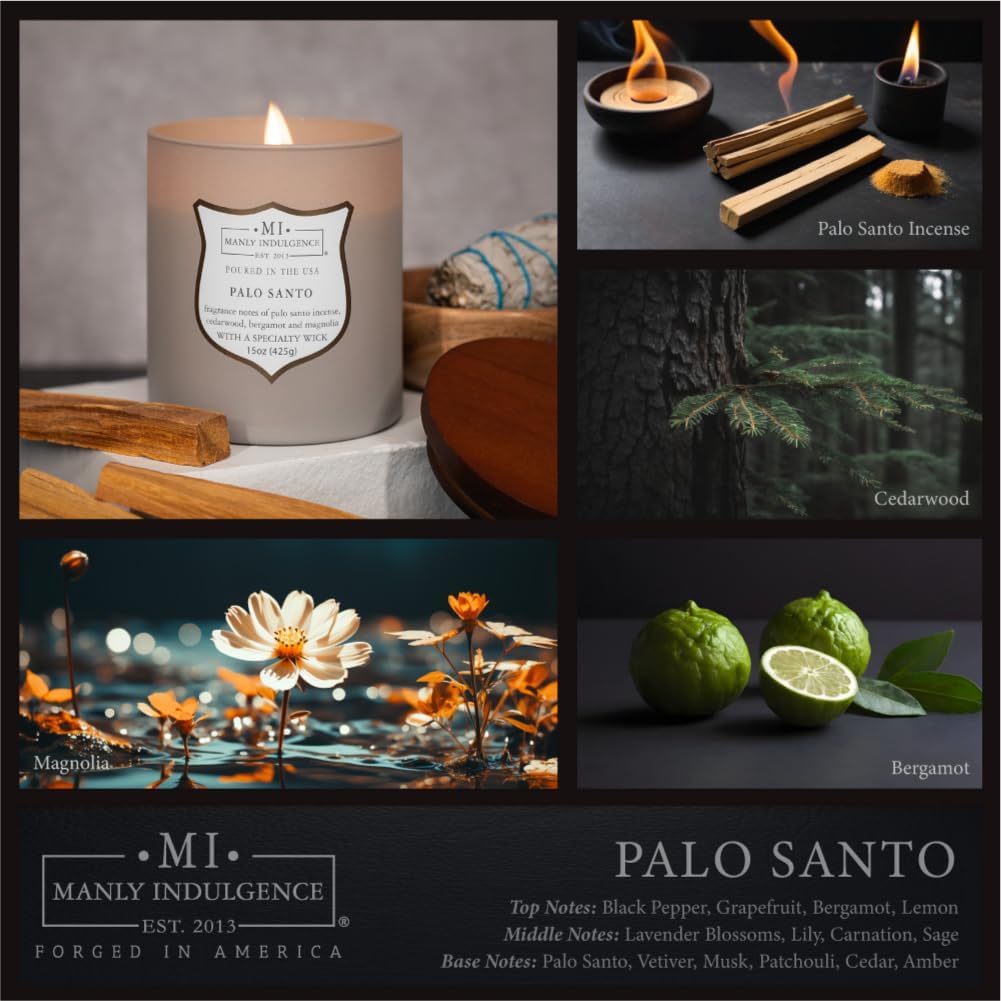 Manly Indulgence Palo Santo Scented Candles for Men, 15 oz Wooden Wick, Premium Soy Blend Wax, 60H Burn, Candles for Home Scented - Made in The USA