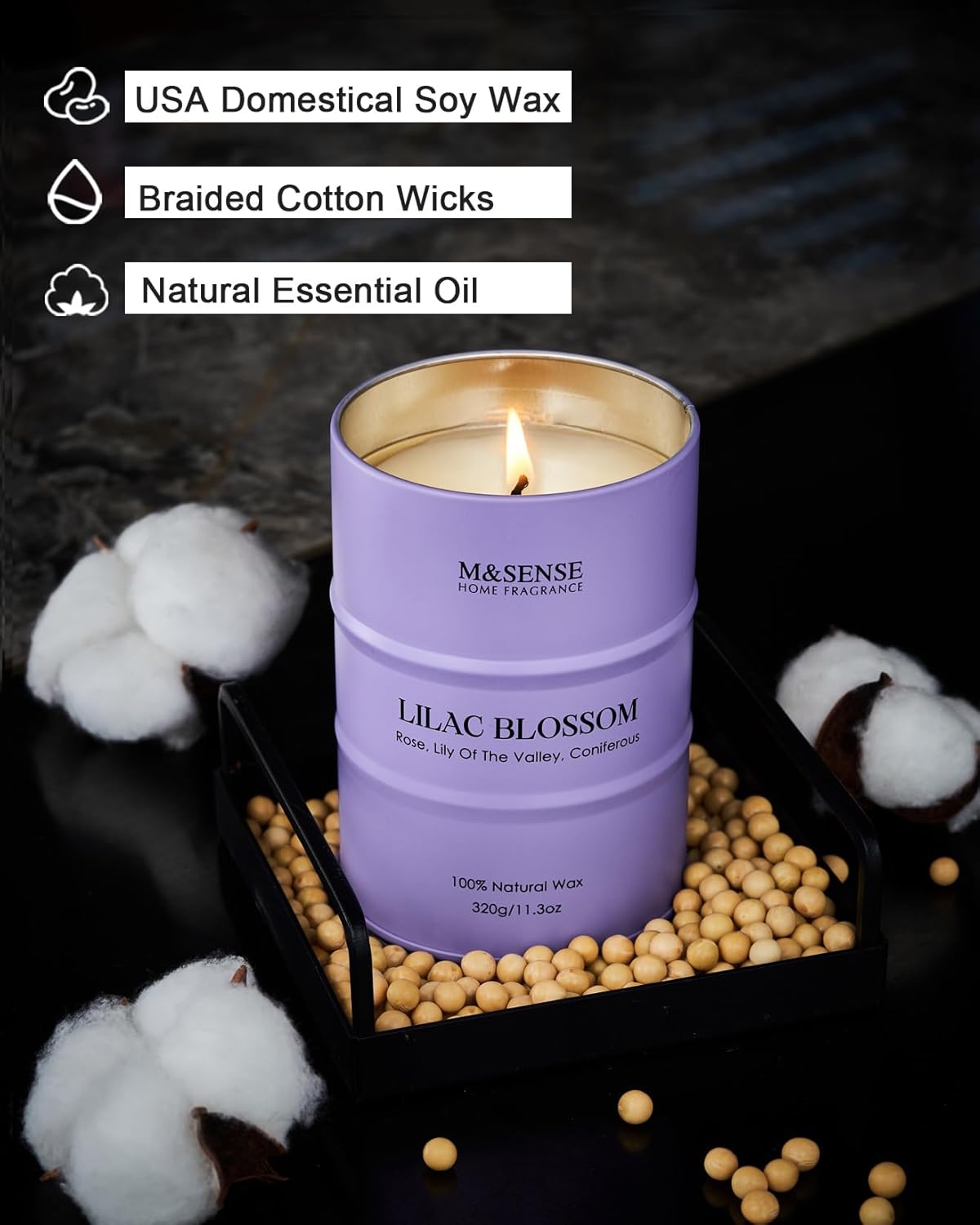 M&SENSE Lilac Blossom Soy Candles for Home Scented, 11.3oz 70 Hour Long Burning Aromatherapy Candle for Stress Relief Meditation Yoga Relaxing SPA, Housewarming Gifts for Women