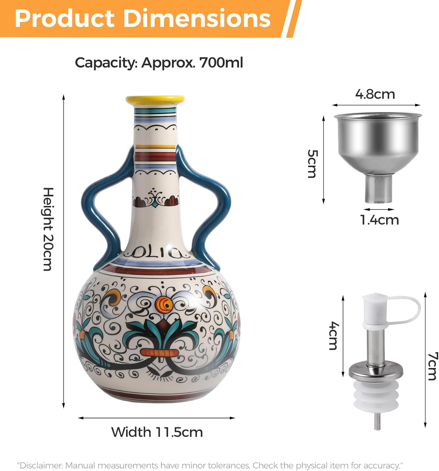 Ceramic Olive Oil Dispenser Bottle 23oz with Handles, Hand Painted Multi-Use Oil Cruet & Flower Vase, Decorative Stoneware Kitchen Cruet with Stainless Steel Spout for Oils, Sauces, Vinegar (B)