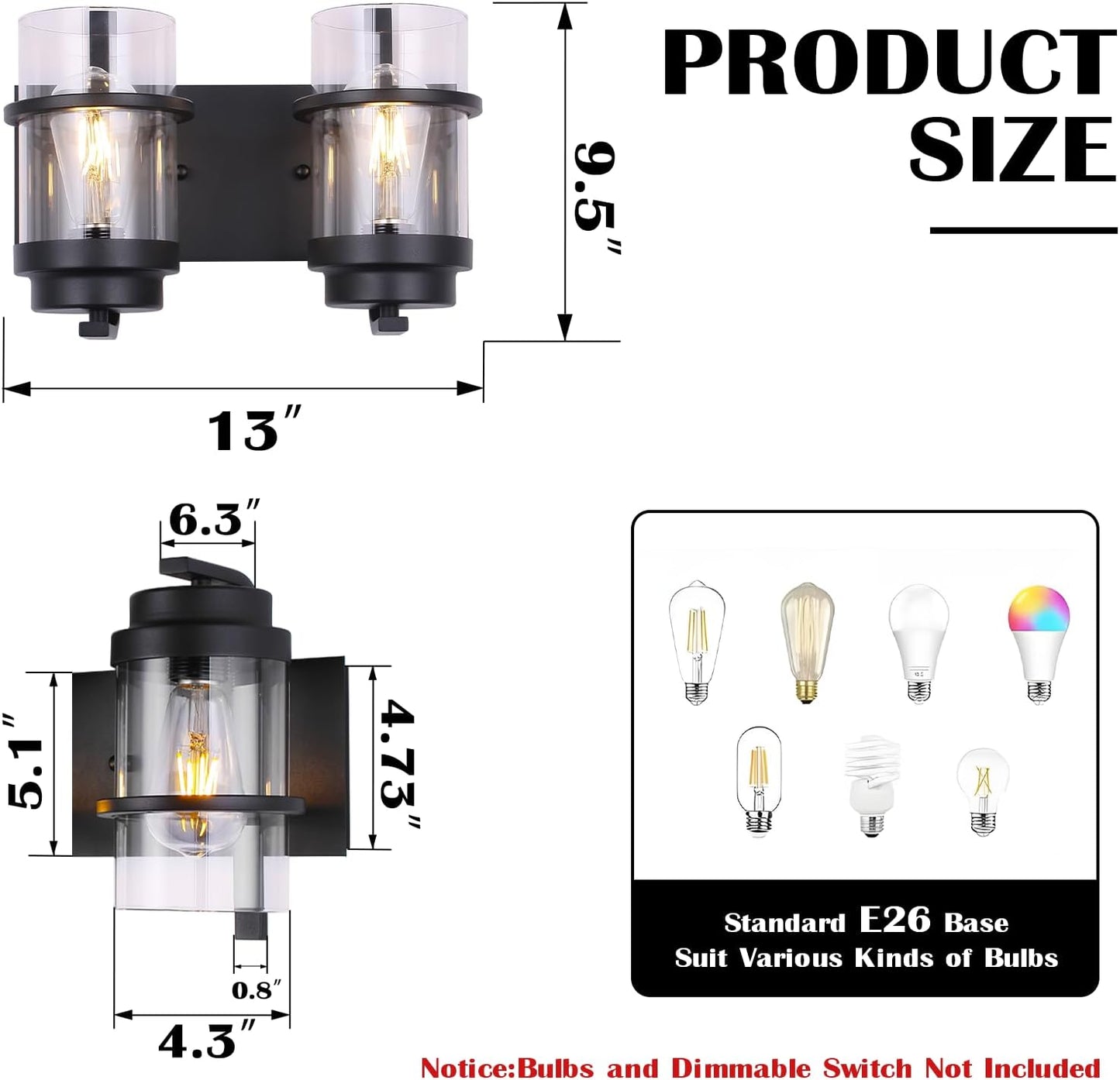 Bathroom Vanity Light Fixtures,2 Light Bathroom Vanity Lights,Black Farmhouse Sconce Over Mirror(Bulbs not Included)