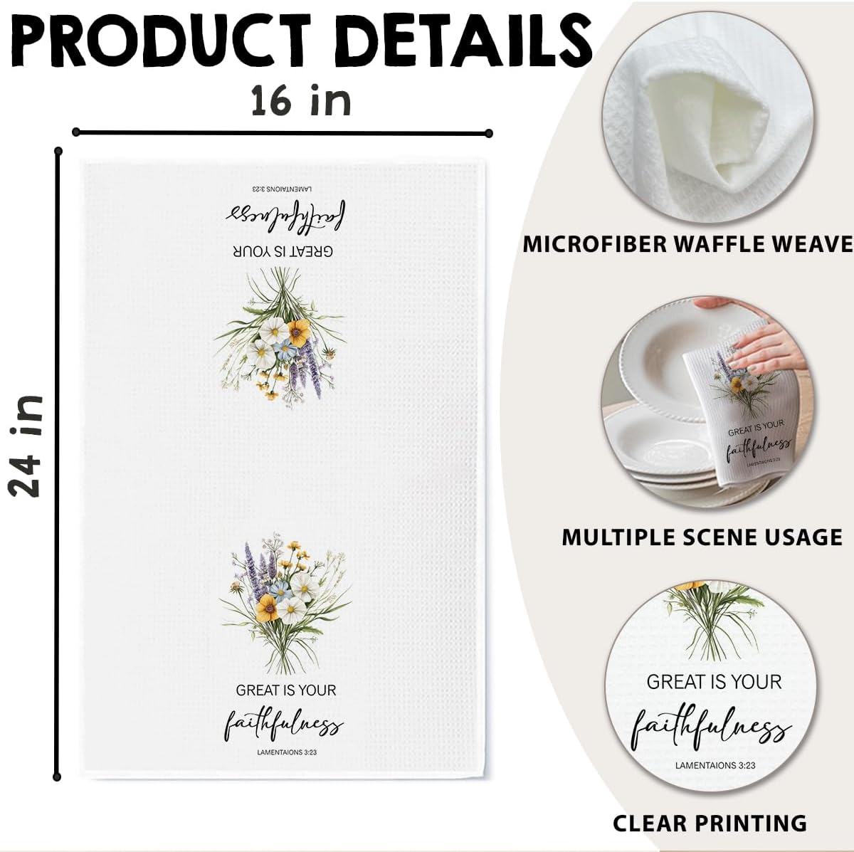 Christian Kitchen Towel, Waffle Weave Microfiber Scripture Hand Towel, Great is Your Faithfulness Bible Verse Farmhouse Decor for Kitchen Bathroom, Inspirational Gift for Women