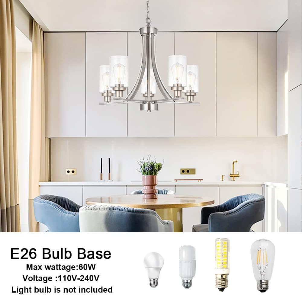 BONLICHT 5 Lights Traditional Chandelier Brushed Nickel Kitchen Island Dining Room Lighting Fixtures Hanging Seeded Glass Pendant Light Modern Flush Mount Ceiling Light for Living Room Bedroom Foyer