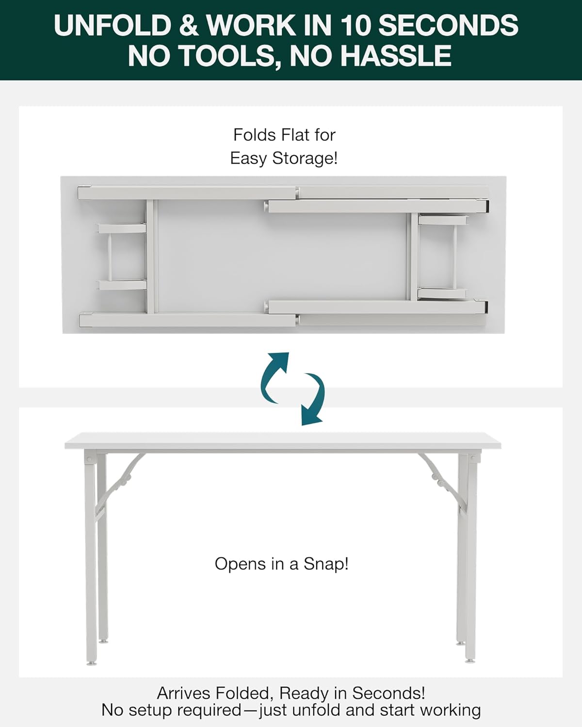 Frylr Small Folding Computer Desk – Portable 55.1 Inch Foldable Laptop Table, Collapsible and Compact for Easy Storage and Fast Setup, Lightweight for Small Spaces, Craft and Study Use, White