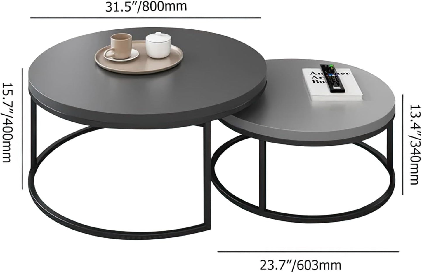 Modern Round Coffee Table Set, Nesting Cocktail Tables with Black Metal Legs, Dark Gray/Light Gray, Easy Assembly, 31.5/23.7 Inches, Perfect for Living Room, Bedroom, or Lounge