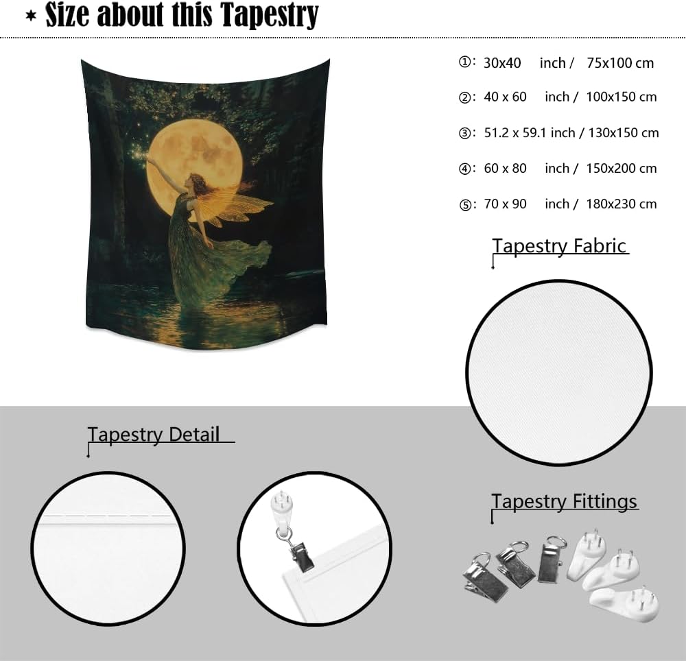 Whimsical Fairy Tapestry Fantasy Moonlight Fae Goddess Print Moody Gothic Aesthetic Wall Hanging Magical Forest Pictures Dark Cottage Witchy Tapestries for Girls Room Bedroom 70x90inch
