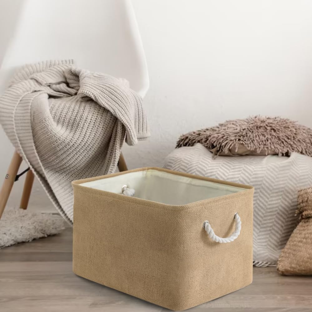 Organization and Storage Basket for Organizing - 17X15X12 inch 2 Pack Collapsible Baskets for Shelves, Fabric Storage Cubes with Rope, Storage Box for Cloth Decorative Gift (Beige)